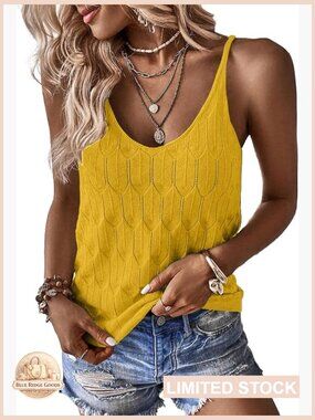 Sheer Pointelle Knit Tank Top V Neck Strappy Sleeveless Blouse Summer Chic Top